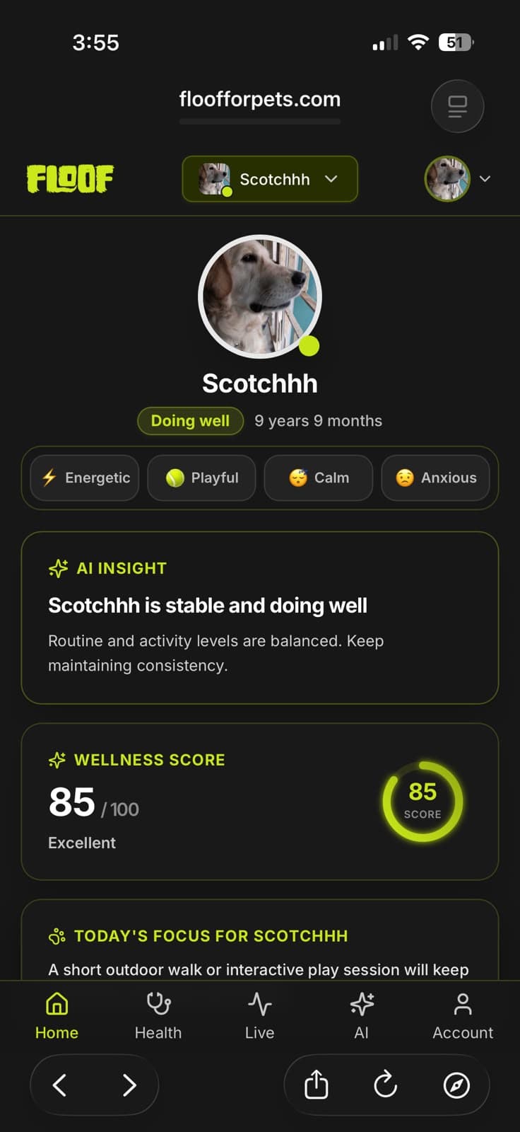 Floof mobile app interface shown in an iPhone