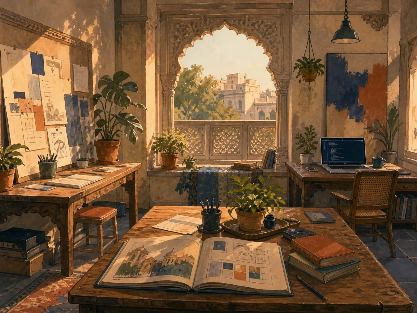 A hand-painted creative studio inside an Ahmedabad heritage room
